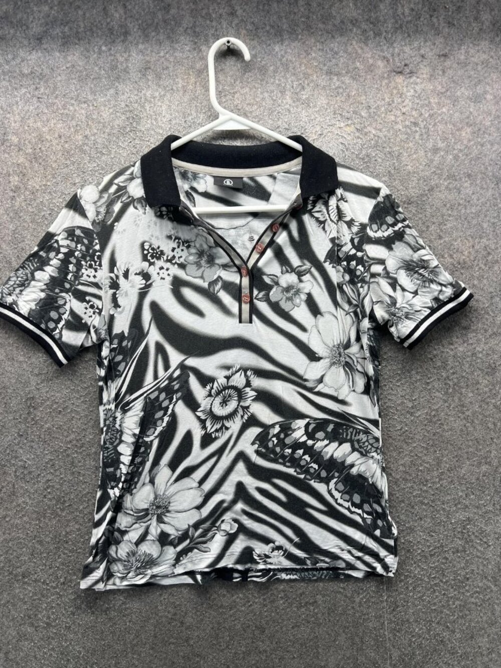 Bogner Polo Shirt Womens Small Gray Floral Animal Print Short Sleeve Jersey Top
